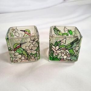Joan Baker Designs Frosted Hand Painted Hummingbird Glass Votive Candle Holders